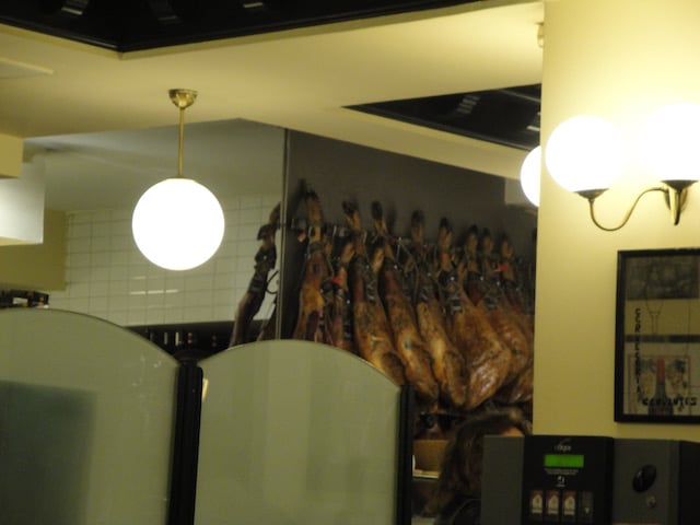 Row of Boar legs in Madrid Restaurant