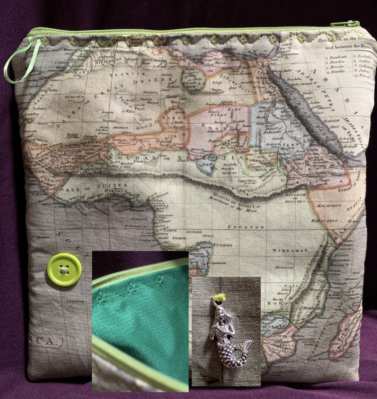 Map Fabric, Africa, Padded & Green Water Resistant Lining, Mermaid Charm, 10.5x10.5, $18.00 (W25)