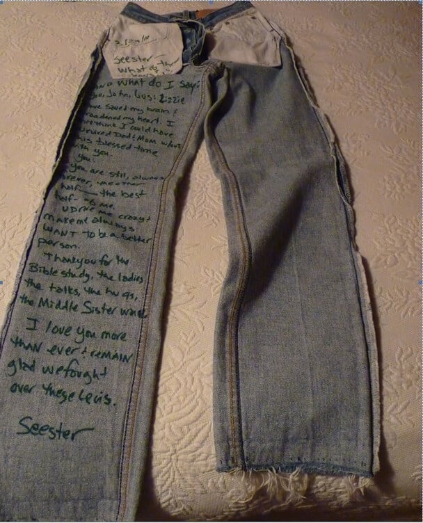 sister friendship in messages on a pair of Levis