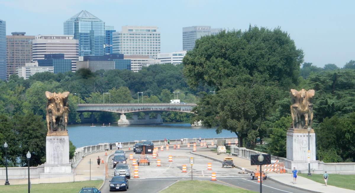 Elaborate bridge decorations leading into Washington DC
